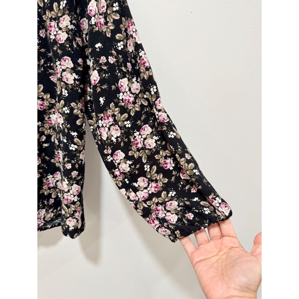 Love Fire Black Floral Lace Trim Tie Neck Blouse XL Pink Rose Long Sleeve Top - Picture 4 of 7